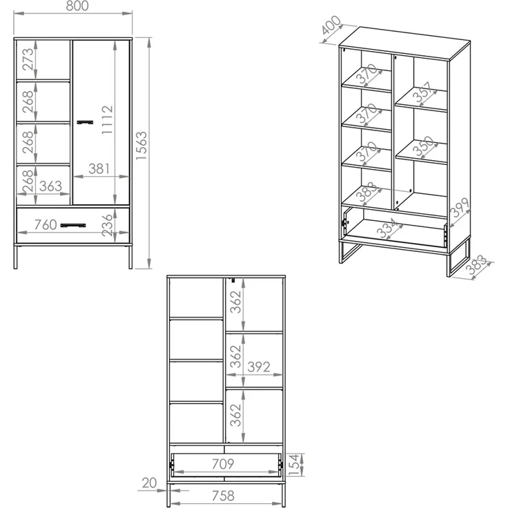 Highboard 80cm breit, schwarz mit Eiche und sandfarben, CASPER-131 – Bild 10