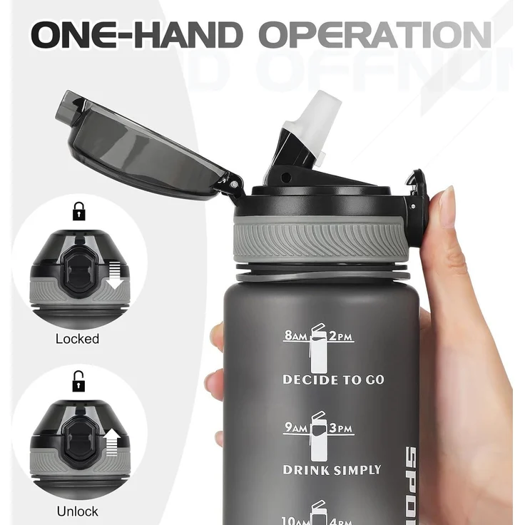Sport Trinkflasche 1L BPA-frei mit Stroh Mattgrau Zeitmarkierungen – Bild 4