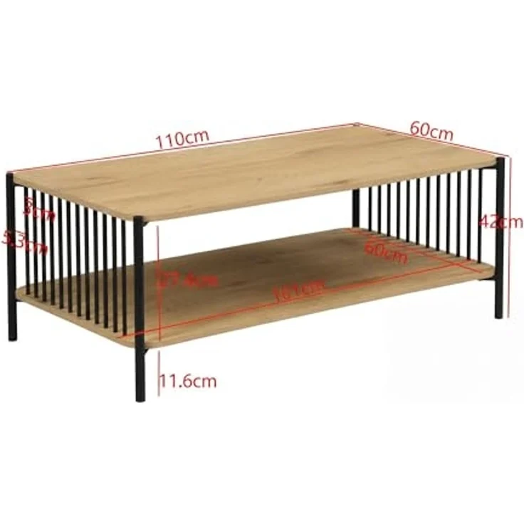Couchtisch 110x60cm Eiche Optik Rechteckig - Design Sofatisch Metall - Wohnzimmertisch Ablage - Loungetisch Stauraum - Beistelltisch Kaffeetisch – Bild 3