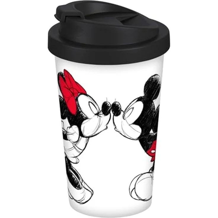 Geda Labels GmbH Coffee-to-go-Becher Mickey Kiss Sketch, 1-tlg, PP, Weiß, 400 ml, doppelwandig, auslaufsicher – Bild 1