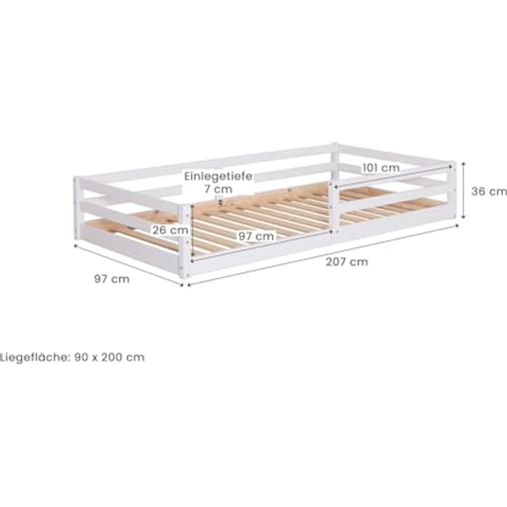 Ticaa Kinderbett, Neo Hausbett Bodenbett mit Rausfallschutz 150kg, inkl. Lattenrost & abnehmbarem Rausfallschutz, 90x200, Weiß – Bild 2