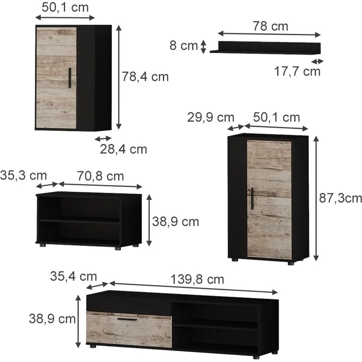 Wohnwand Berno Schwarz/Sandeiche 5-teiliges Set Vicco – Bild 3