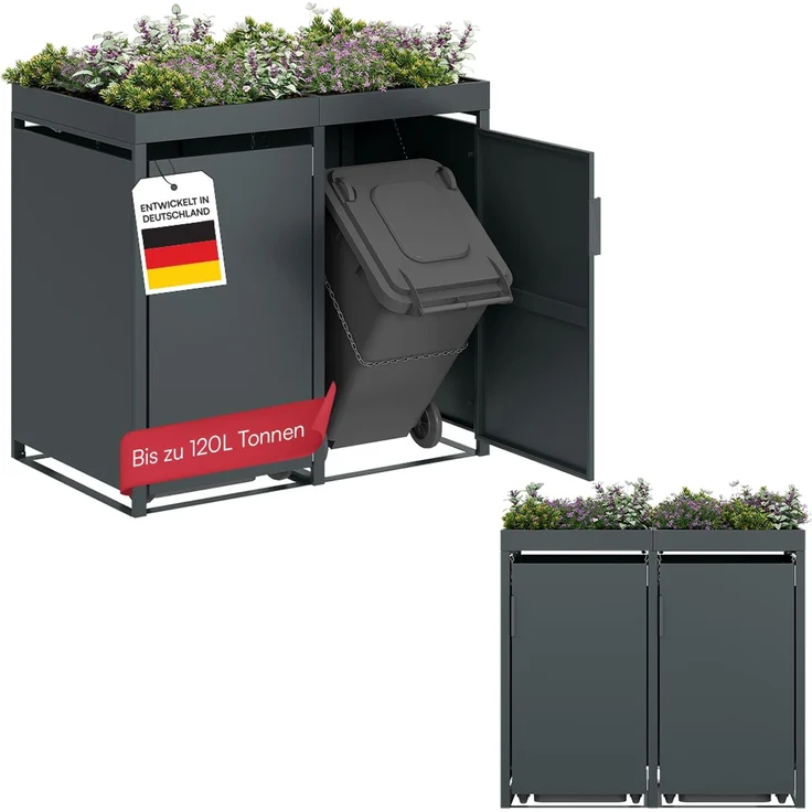 STEELSØN 'Thoria' Mülltonnenbox 2er je 120 Liter, anthrazit, Mülltonnenverkleidung aus Stahl, wetterfest, 111x62x117 cm, Müllbox mit Pflanzendach für 2 Tonnen – Bild 1