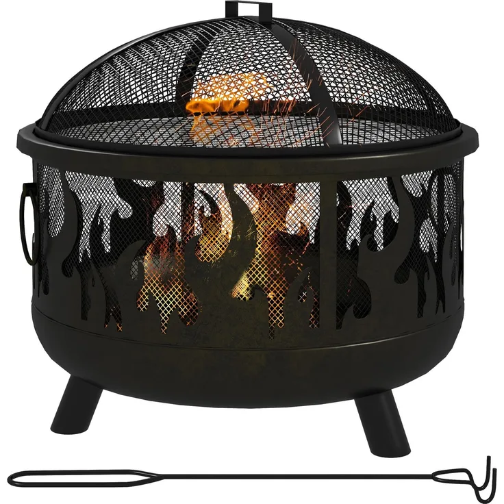 MELAYR, Feuerschale Feuerstelle, inkl. Funkenschutz, 1 Schürhaken, Ø61.5 cm x 52 cm, Schwarz