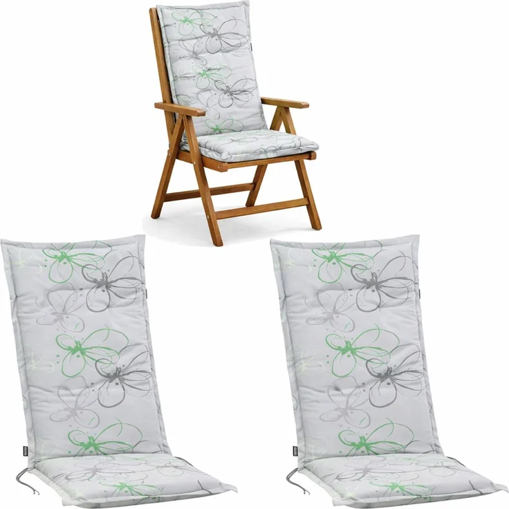 BURI 2x Auflagen Set Hochlehner für Gartenstühle 120x48x7cm Sesselauflagen Polster UV Lichtecht - Gartenstuhlauflagen Blumen Muster Stuhlkissen mit Dicker Schaumstoff Füllung (Grau) – Bild 1