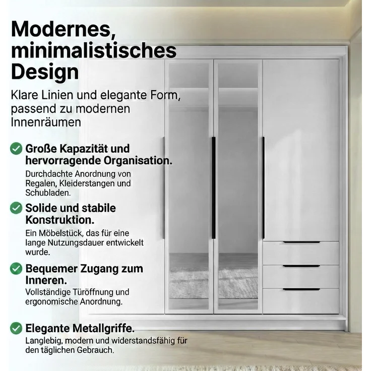 Drehtürenschrank vier¬türiger VIVO Kleiderschrank mit Schubladen und Metallgriffen. – Bild 4