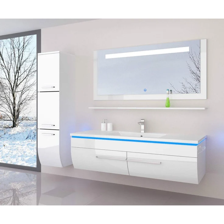 Homeline Badmöbel Set Weiss 240 cm Hochglanz Waschbecken Spiegel Komplett Bad Led System – Bild 3
