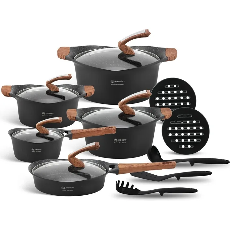 Edenberg Topf-Set Modernes Topfset, schwarze Töpfe, braune Griffe, Pfanne, Kasserolle, Aluminium, Keramik (Sehr hohe Qualität, 15-tlg, Zeitloses Design des Topfsets. Eine ideale Geschenkidee)