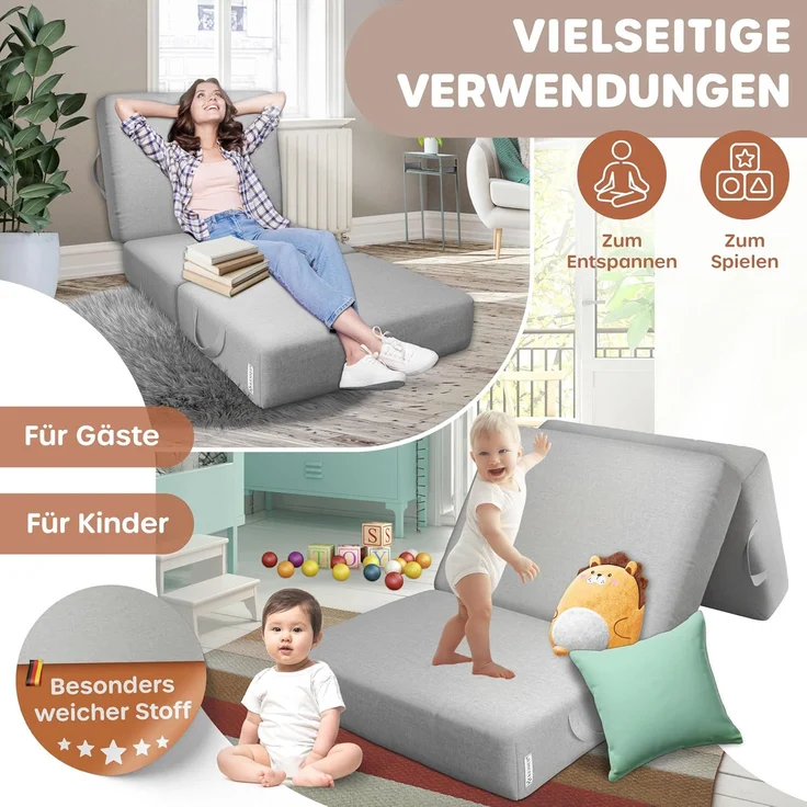 KESSER® Klappmatratze, 3-fach faltbar zum Sitzhocker, Schaumstoff 25kg/m³, extra dick 15cm, atmungsaktiv, waschbar, abnehmbarer Bezug, Matratze inkl. Camping Tragetasche Grau, 140 x 195 x 15 cm – Bild 7