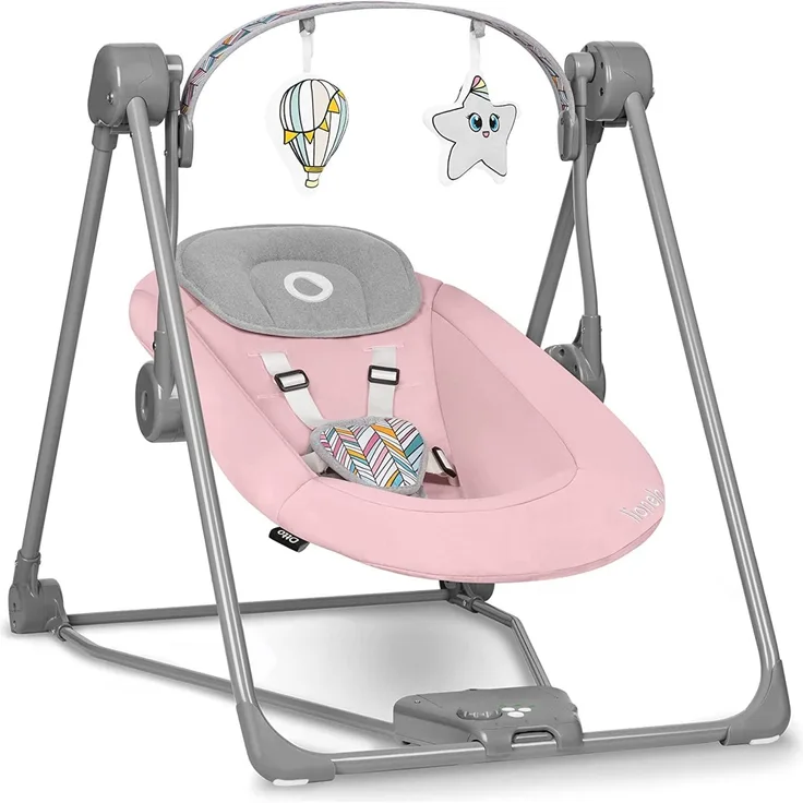 LIONELO Otto Baby Wippe, Baby Schaukel, Spielbogen mit interaktiven Spielzeugen, 5 Schaukel Geschwindigkeiten, Naturgeräusche, ab Geburt bis 9 kg, zusammenklappbar (PINK BABY)