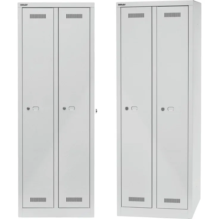 BISLEY Garderobenschrank MonoBloc abschließbar mit Belüftungsschlitzen, Hutboden, Handtuchhalter, Kleiderstange & 3 Haken - Spind mit Schloss - 2 Abteile, Farbe: lichtgrau, ML06D1-645