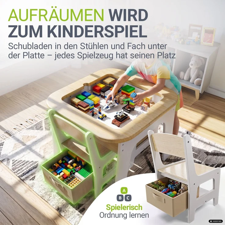 Juskys 'Milou' Kindersitzgruppe mit 2 Stühlen, 1 Tisch & Stauraum, Holz weiß – Bild 3