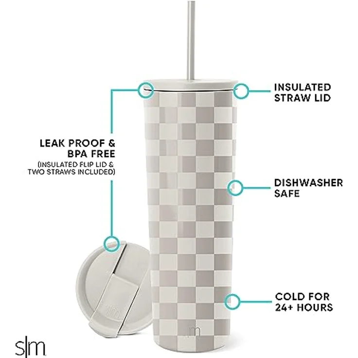 Simple Modern Thermobecher mit Strohhalm und Deckel | Trinkbecher mit Henkel Wiederverwendbare Edelstahl | Geschenke für Frauen und Männer | Classic | 830ml | Checkmate – Bild 3