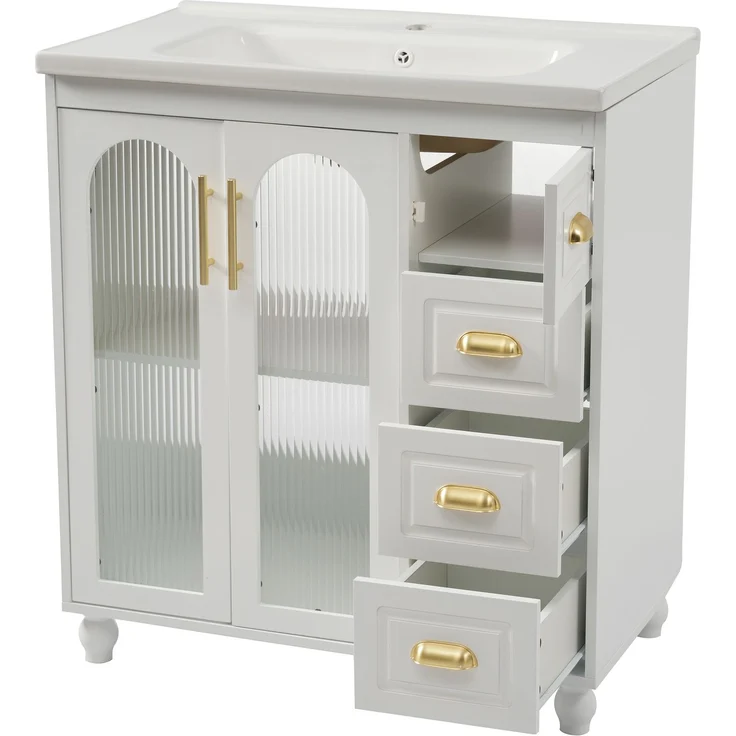 Waschtisch mit Unterschrank H 90 x T 80 x B 47 cm aus MDF in Weiß, mit Keramikbecken – Bild 5