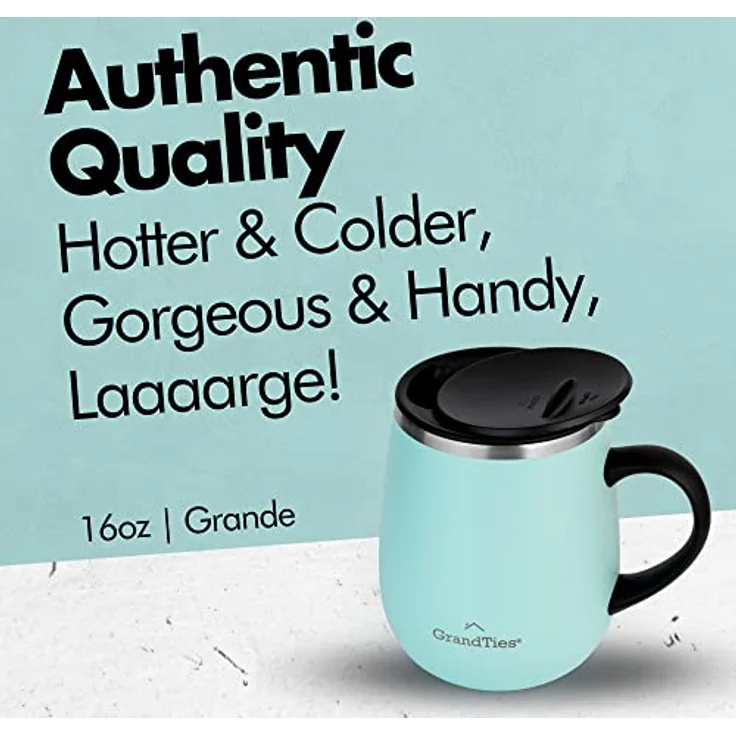 Grandties Insulated Coffee Mug with Handle, Sliding Lid for Splash-Proof 16 oz Wine Glass Shape Thermal Tumbler with Double Walled Vacuum Stainless Steel to Keep Beverages Hot or Cold- Powder Green – Bild 2
