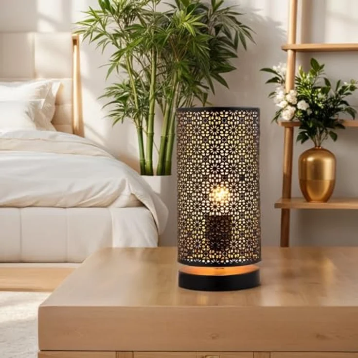 Marrakesch Tischlampe Tuza, 25cm große Nachttischlampe aus schwarzem Metall mit E27 Fassung, orientalisches Design für Wohnzimmer und Schlafzimmer – Bild 4