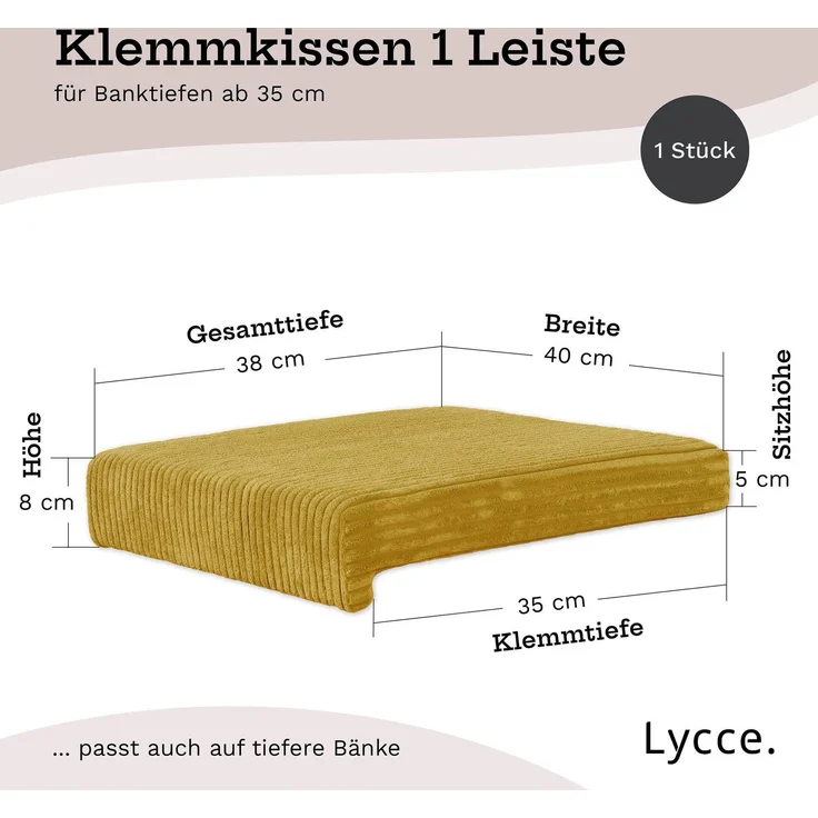 Lycce Bankauflage Klemmkissen mit Leiste - Cord, Polsterung, rutschfest Senfgelb 8x40x38cm – Bild 3