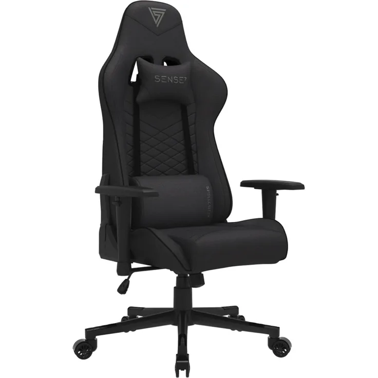SENSE7 Gaming Stoff Spellcaster Bürostuhl Zocker Gamer Ergonomischer Stuhl Armlehne Einteiliger Stahlrahmen Einstellbarer Neigungswinkel Schwarz, 43-52 x 69,5 x 57