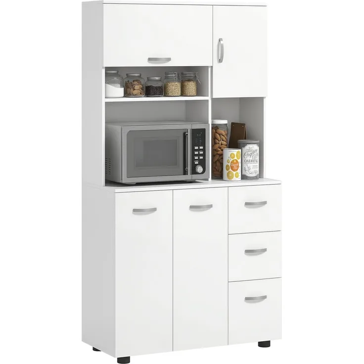 Rayofly-Küchenschrank Buffet mit 3 Schubladen & 3 Regalen, viel Stauraum, Weiß, H 168cm x T 89cm x B 39,5cm