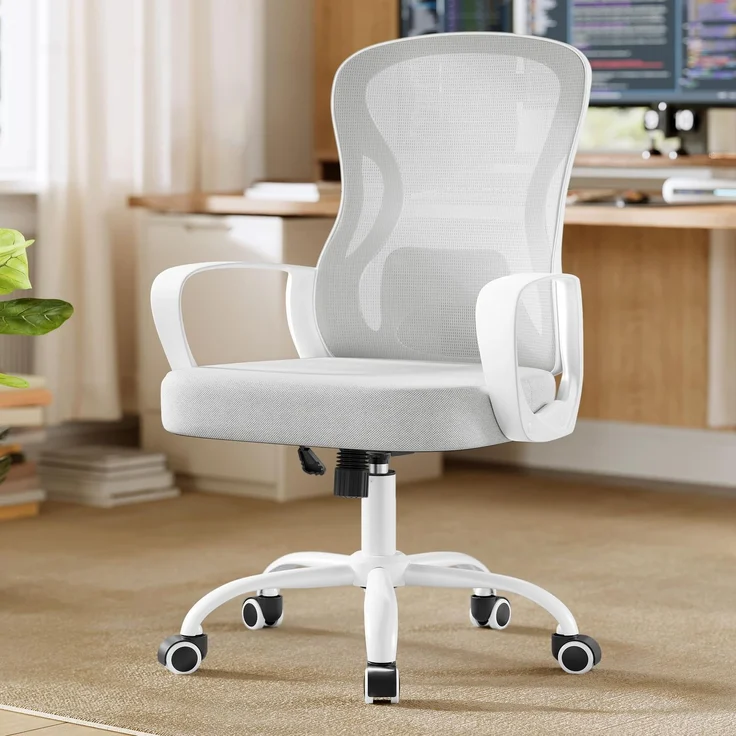SONGMICS Bürostuhl ergonomisch, Drehstuhl mit Netzgewebe, Schreibtischstuhl mit Lendenstütze, Wippfunktion, Armlehnen, für Arbeitszimmer, Schlafzimmer, Taubengrau-wolkenweiß OBN043GD02