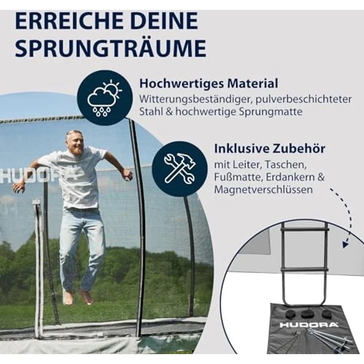 HUDORA Trampolin Fantastic Complete Max - Gartentrampolin mit großem Eingang & 300cm Durchmesser - Sporttrampolin mit Rahmennetz & Leiter - Familien-Trampolin mit Randabdeckung für bis zu 120kg, grau – Bild 5