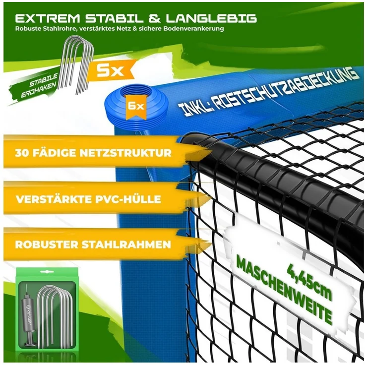KESSER® Fußballtor für Garten robustes Outdoor Training Schusstraining UV-beständigem Netz, Stahlrahmen mit Polsterung, Erdhaken, Luftpumpe, Hüttchen, Montagezubehör für Kinder und Erwachsene Blau, 180cm, Ohne Torwand – Bild 1