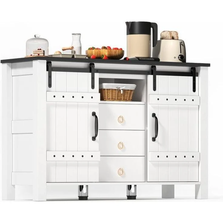 SeedWave Buffet Retro Küchenschrank 120cm Sideboard mit 2 Schiebetüren, Schubladen Anrichte inkl. 2 höhenverstellbare Metallfüße, Kippschutz-Set – Bild 4