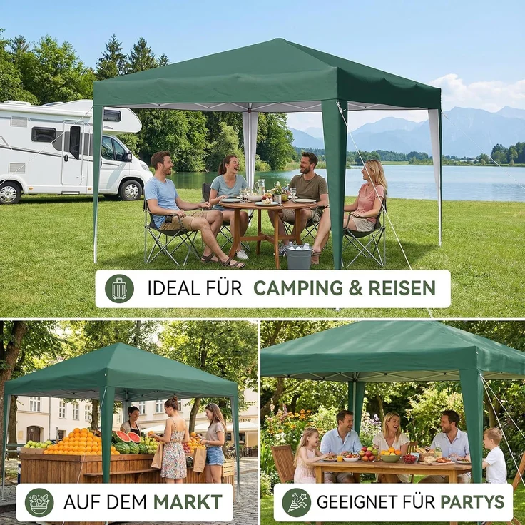 Aoxun Pop Up Pavillon 3x3 Wasserdicht, Metallrahmen-Schutzzelt, Höhe Verstellbar, 3mx3m Faltpavillon mit Tragetasche für Camping Party, Grün – Bild 7