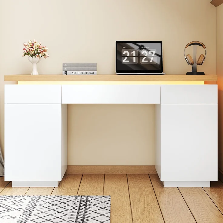 ZUBALIYA 140×50cm großer Schreibtisch,verlängerte und verdickte Tischplatte mit LED-Beleuchtung, ausgestattet mit 3 Schubladen,2 Türen und verstellbaren Einlegeböden,großer Stauraum, Schreibtisch, Schminktisch – Bild 2