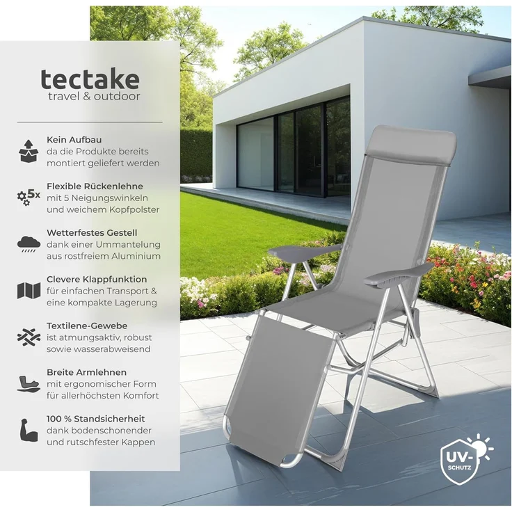 tectake® 2er Set Alu Sonnenliege Liegestuhl, Gartenstühle 5-Fach verstellbare Rückenlehne, Gartenliege mit Fußteil, leicht & klappbar, Relaxsessel mit Kopfpolster, für Camping Garten Balkon - grau – Bild 3