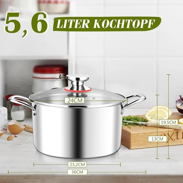 Kochtopf 24cm 3-Lagiger Edelstahl ≈ Glasdeckel 5,6L Induktion – Bild 2