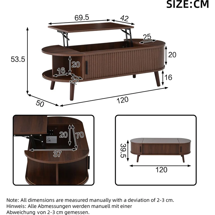 Couchtisch 120x50x39,5 cm, höhenverstellbar, mit verstecktem Stauraum, Nussbaum, MDF – Bild 6