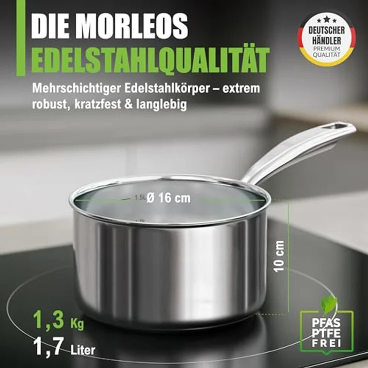 Morleos Kochtopf Ø 20 cm 3 Liter Edelstahl Suppentopf + flachem Glasdeckel, 18/10 Edelstahl (moderner flacher Glasdeckel mit Dampfloch, XSteel), induktionsfähig bis 400 °C – Bild 2