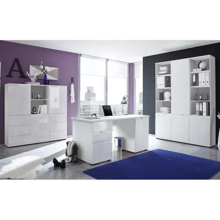 Büro-Set >Suzette< (7-teilig) in Weiß aus MDF - 158x76x35cm (BxHxT)