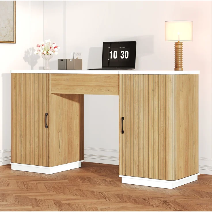 Büromöbel-Set aus MDF mit Schreibtisch und Aktenschrank, Klappfach, Tischfläche 140x50 cm, Weiß/Eiche – Bild 1