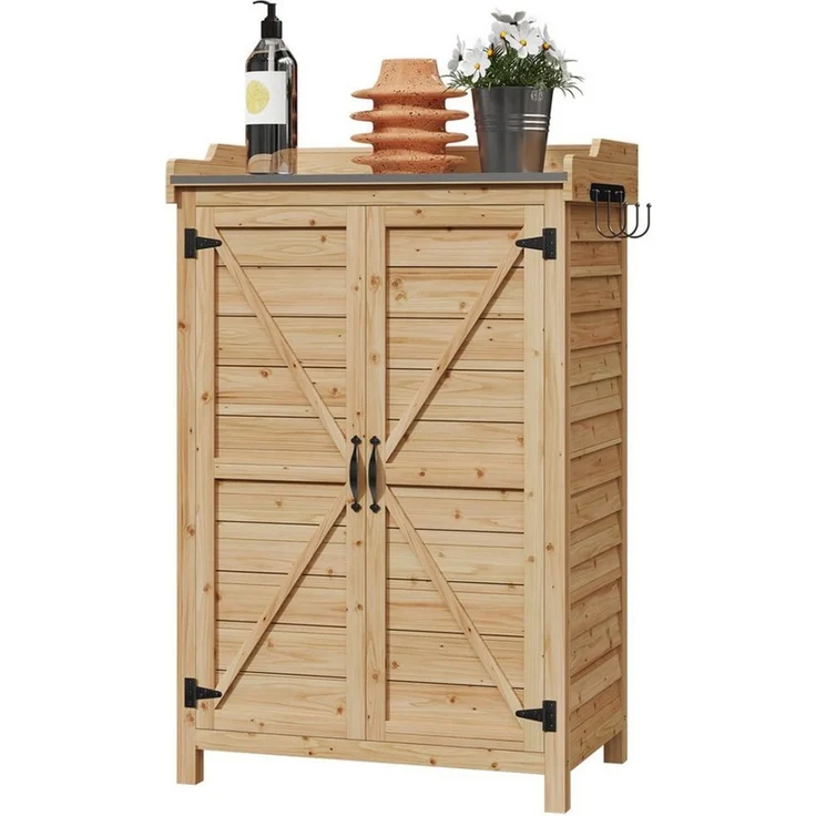 AOXUN Garten-Geräteschrank mit verstellbaren Fächern & Seitenhaken, BxT: 64x40 cm, (1 St), Gartenschrank Holz mit Pflanztisch, Doppeltür, 64x40x95 cm – Bild 1