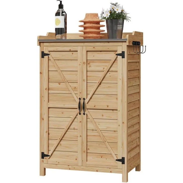 AOXUN Garten-Geräteschrank mit verstellbaren Fächern & Seitenhaken, BxT: 64x40 cm, (1 St), Gartenschrank Holz mit Pflanztisch, Doppeltür, 64x40x95 cm