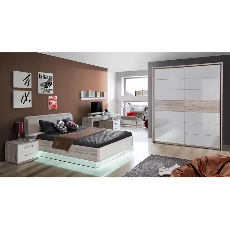 5-tlg. Jugendzimmer Rondino in Sandeiche und Weiß hochglanz 140x200