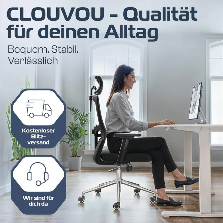 CLOUVOU BrightSeat Bürostuhl Ergonomisch 100% individuell einstellbar | Büro Stuhl & Gaming Stuhl | Computerstuhl Home Office Chair Ergonomic | Drehstuhl 150 kg – Bild 6