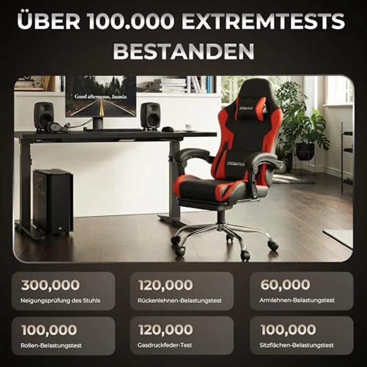 Dowinx Gaming Stuhl, Ergonomischer Gamer Stuhl für Büro und Home Office, Verstellbarer Bürostuhl mit Rückenlehne bis 150°, mit Fußstütze, Belastbar bis 180 kg, Rot – Bild 4