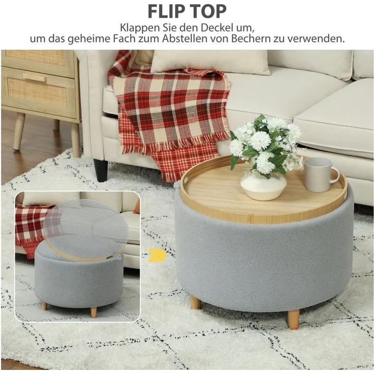 HOMCOM Sitzhocker mit Klappdeckel, Holzbeine (Hocker, 1 St, Polsterhocker), für Wohnzimmer, Schlafzimmer, Grau, Ø56x42 cm – Bild 3