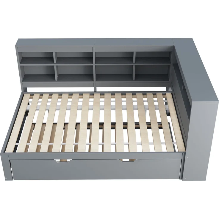 Massivholz Doppelbett 140×200 mit Ausziehbett 90×190, USB-Ladestation & Stauraum, multifunktionales Schlafsofa,Grau – Bild 9