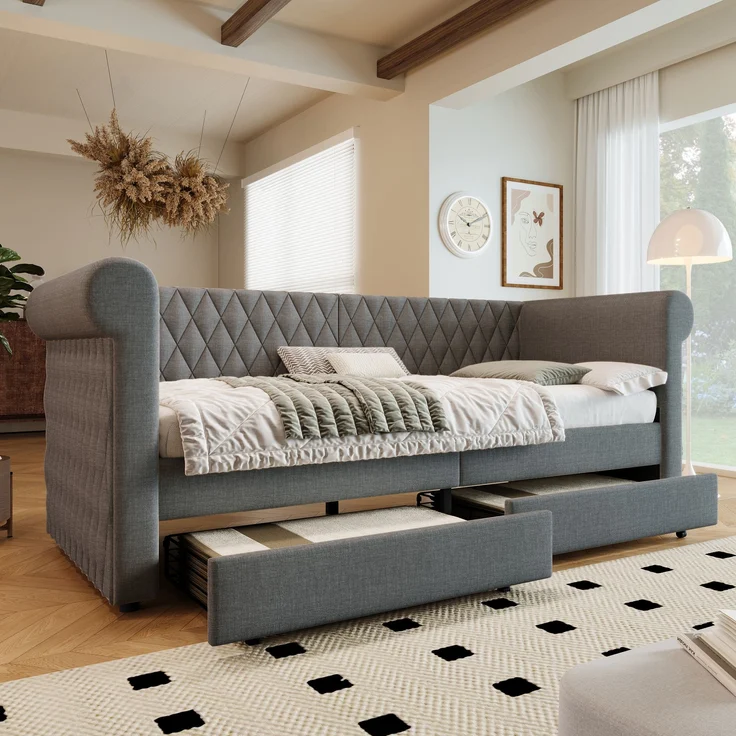 Polsterbett 90x200 cm mit 2 Schubladen – elegantes Schlafsofa in Grau, ohne Matratze – Bild 2