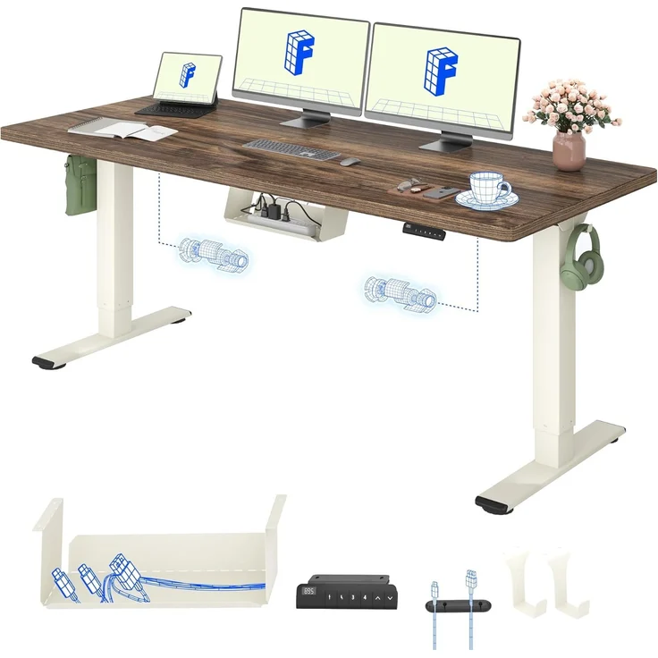 FLEXISPOT Höhenverstellbarer Schreibtisch 180x80 cm mit 2 Motoren & 25MM einteiliger Tischplatte,ergonomischer Bürotisch - Walnussbraun, Mousseweiß Gestell – Bild 1