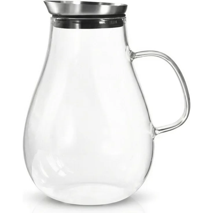 Arendo Karaffe Glaskaraffe 2,5 L, Edelstahldeckel, Henkel, Grobfilter, Wasserkaraffe, (1-tlg), Borosilikatglas, 2500 ml, Sieb, hitze- und kältebeständig, BPA-frei
