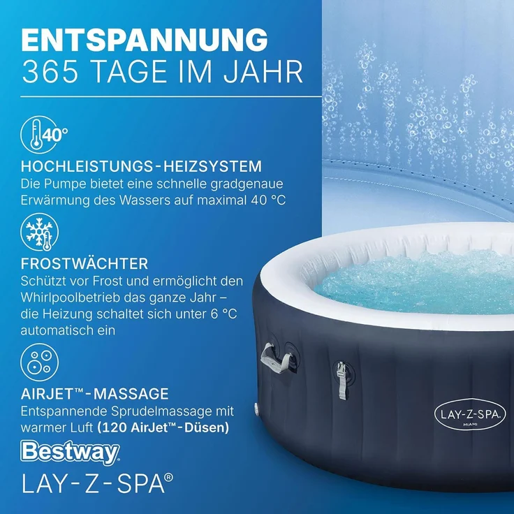 Bestway 6001C LAY-Z-SPA Energiespar Whirlpool Miami AirJet für 4 Personen Ø 180 x 66 cm, Dunkelblau – Bild 4