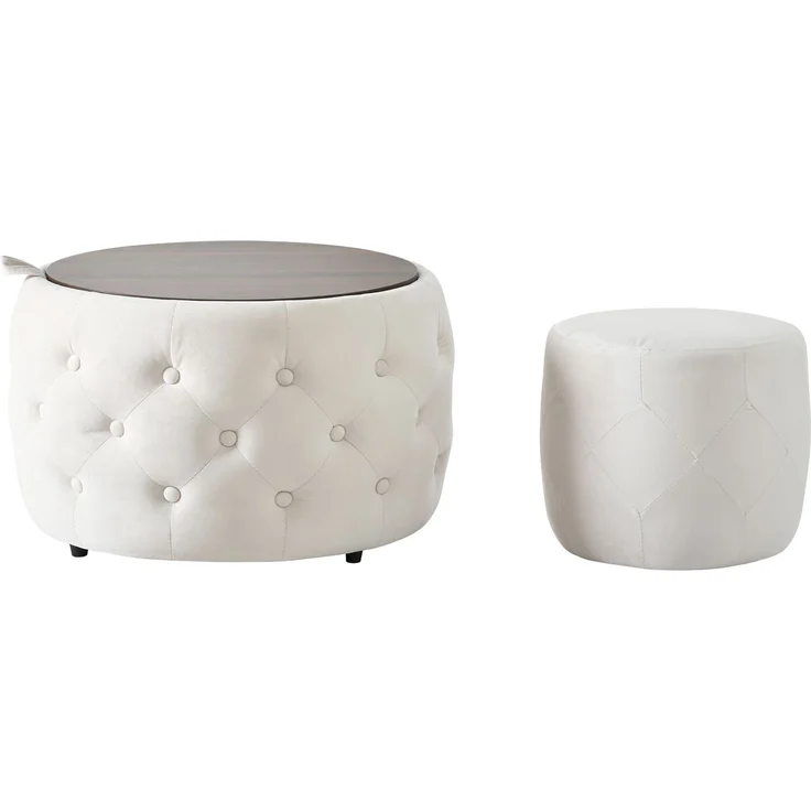 Luxuriöses 2er-Set Nesting-Hocker aus Samt, 4-in-1-Funktion, runder Stauraum-Fußhocker mit Holzablage, kein Aufbau erforderlich, Beige--Beige--59.6x59.6x38cm--YOUDENOVA – Bild 10