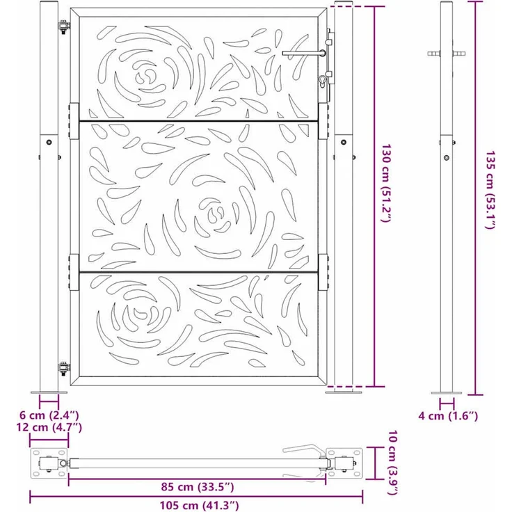 vidaXL Gartentor Schwarz 100x125 cm Stahl Flammendesign 4100990 – Bild 9
