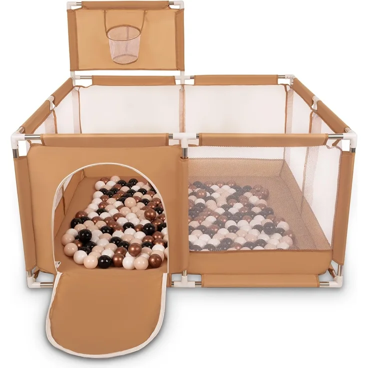 Selonis Laufstall Mit Korb Und 400 Bälle Laufgitter Für Kinder, Beige:Pastellbeige/Kupferrot/Weiß/Schwarz