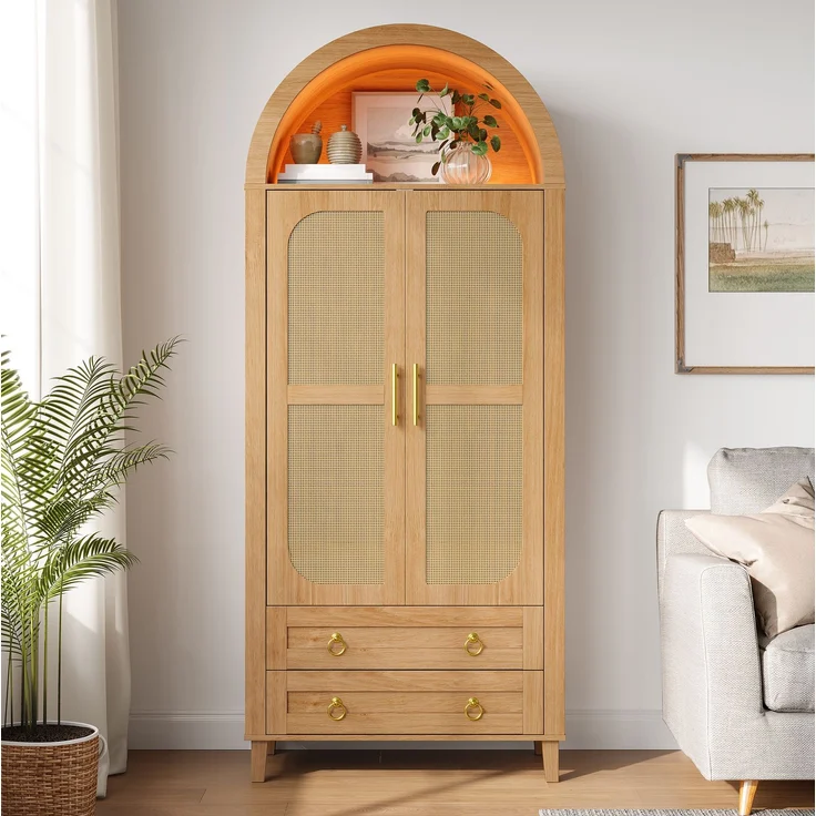 Kleiderschrank 76 x 50 x 184 cm in Natur mit Rattan-Dekor und App-gesteuerter LED-Beleuchtung – Bild 5